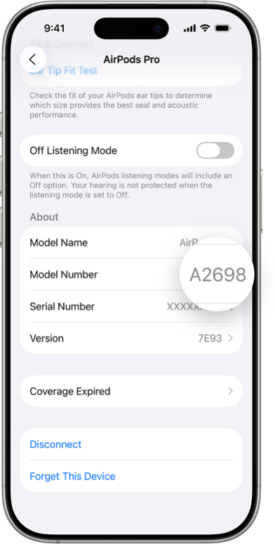 AirPods modellnummer i Bluetooth-inställningarna på en iPhone